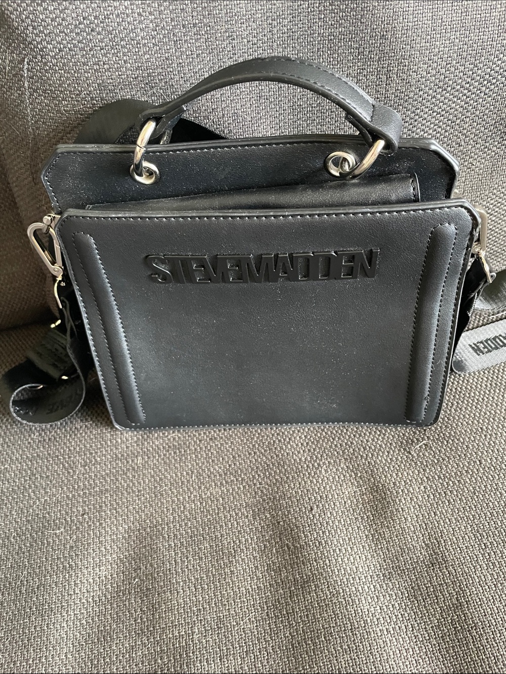 Steve Madden Black Leather Logo Crossbody Satchel